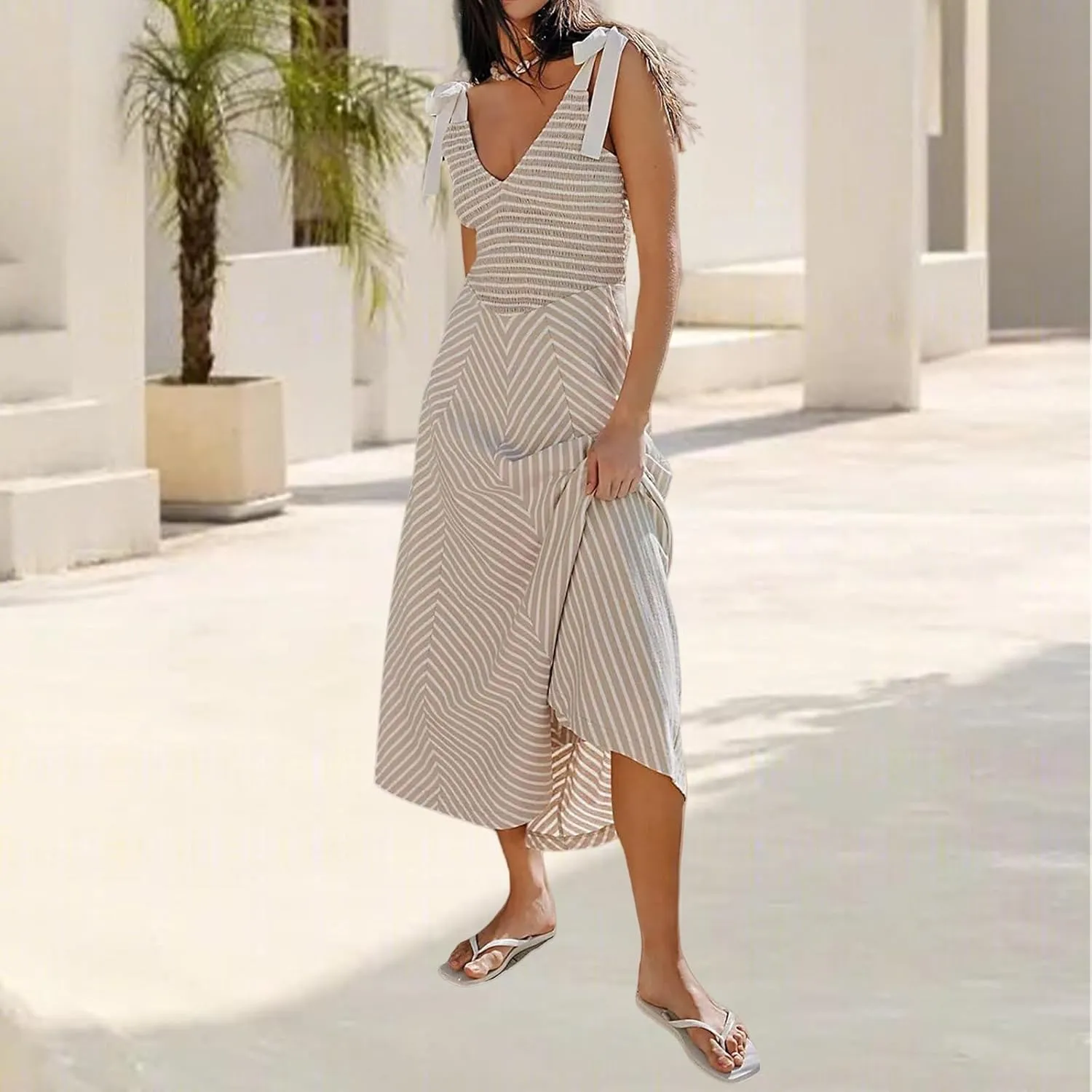 Womne's Dresses A Line Striped Sexy Deep V Neck Sleeveless Maxi Dress Summer Beach Vacation The Waist 2025