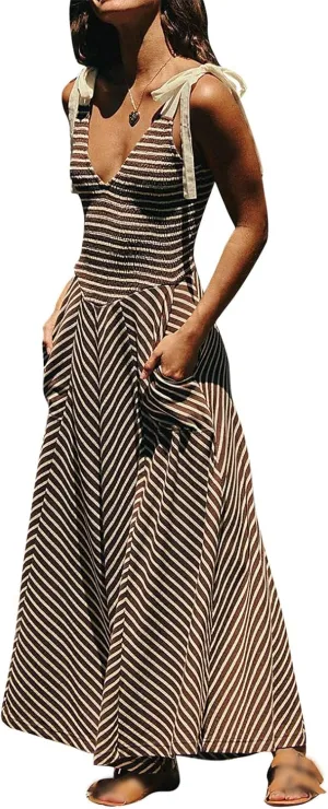 Womne's Dresses A Line Striped Sexy Deep V Neck Sleeveless Maxi Dress Summer Beach Vacation The Waist 2025