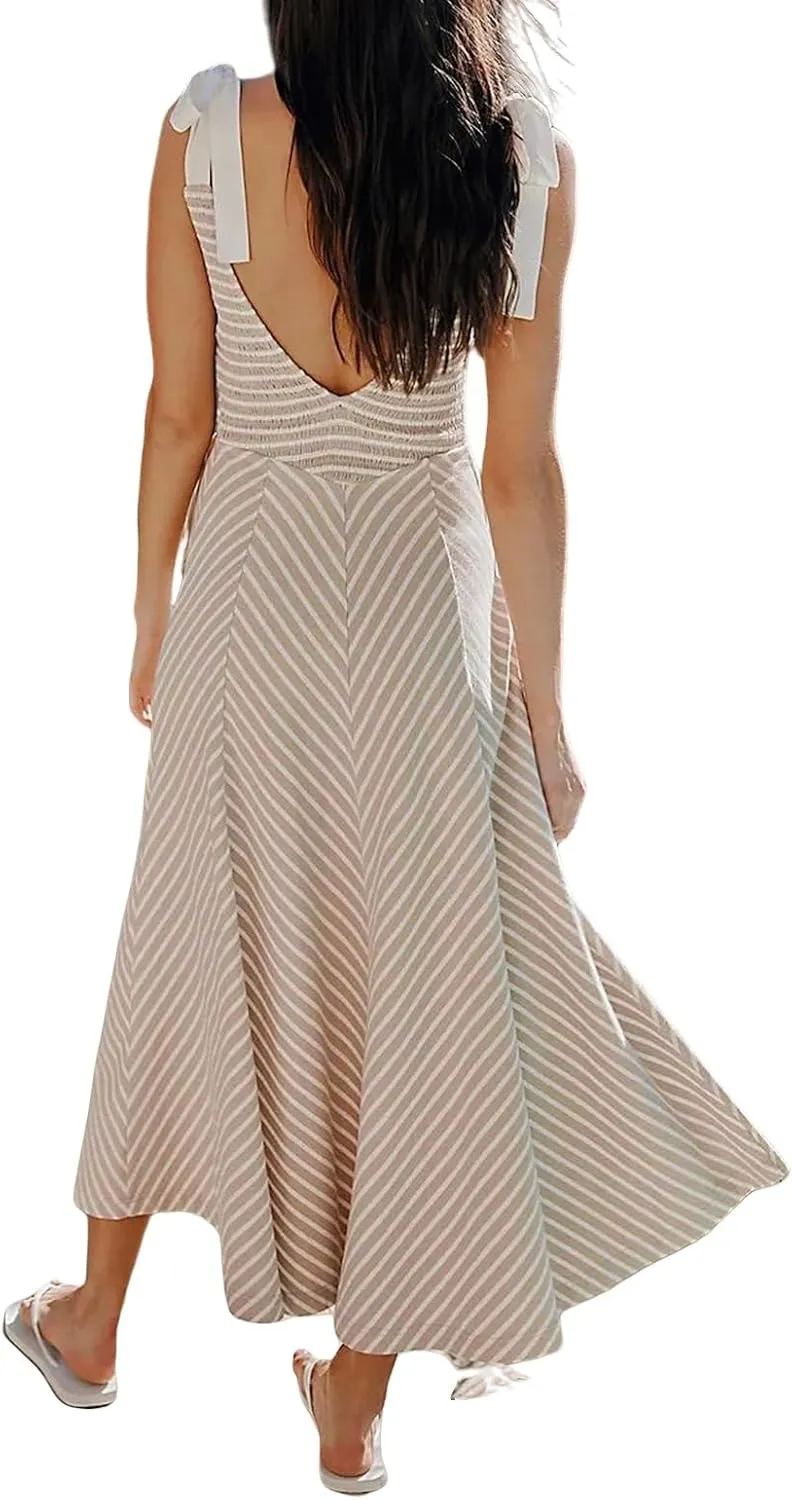 Womne's Dresses A Line Striped Sexy Deep V Neck Sleeveless Maxi Dress Summer Beach Vacation The Waist 2025