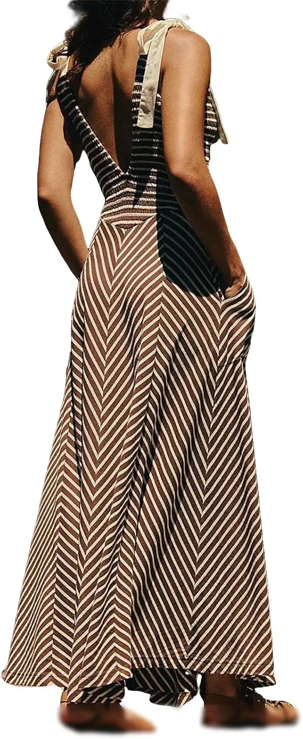 Womne's Dresses A Line Striped Sexy Deep V Neck Sleeveless Maxi Dress Summer Beach Vacation The Waist 2025