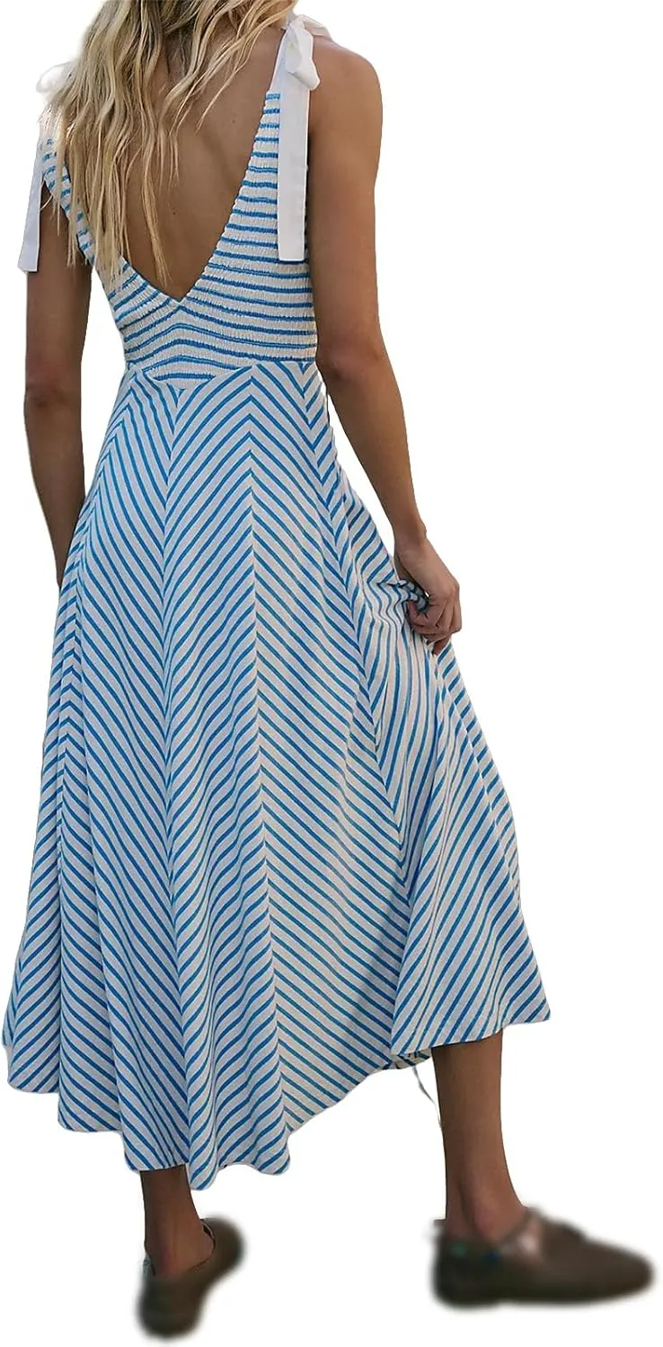 Womne's Dresses A Line Striped Sexy Deep V Neck Sleeveless Maxi Dress Summer Beach Vacation The Waist 2025