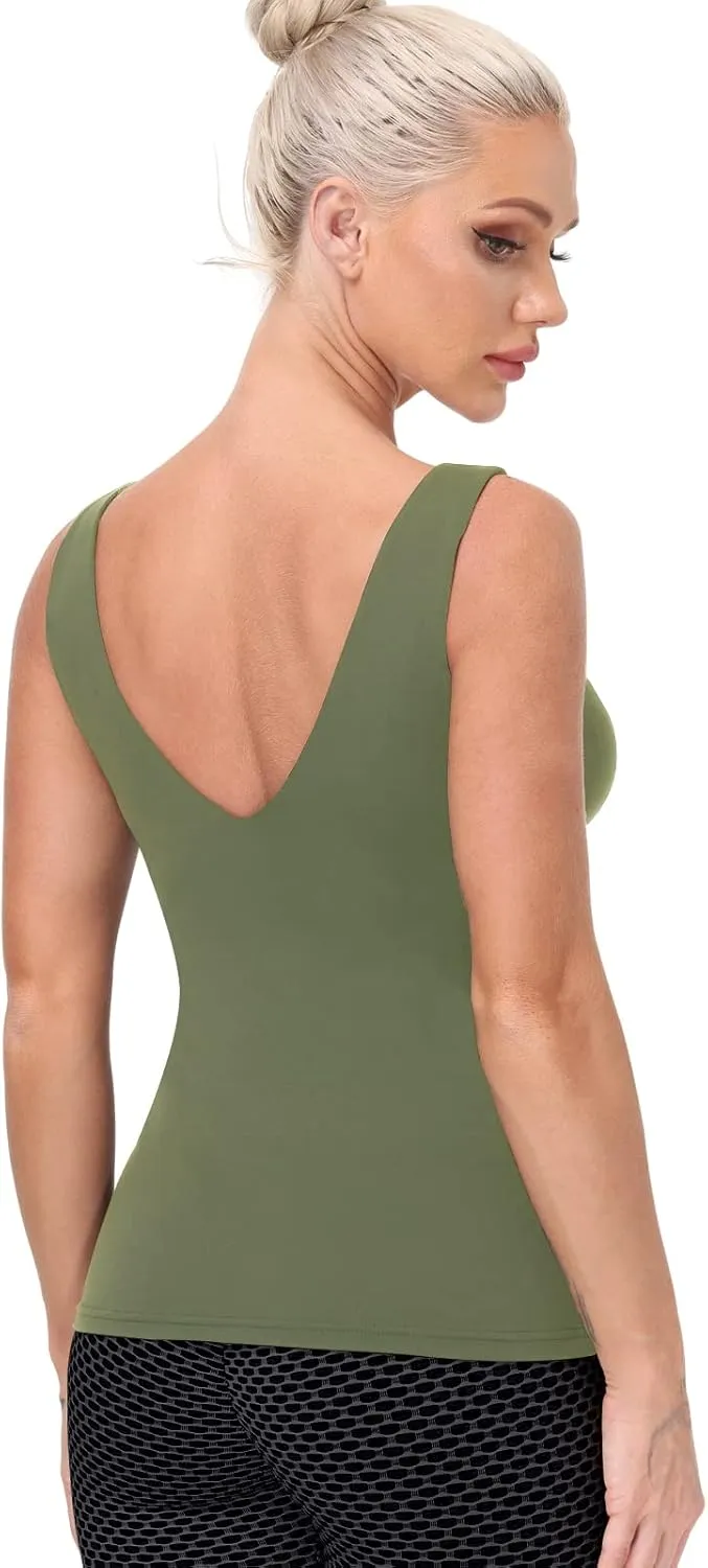 Workout Tops for Women Yoga Tank Tops with Built in Bra Wirefree Padded Yoga Bras Gym Running Athletic Shirt V-Neck Camisole