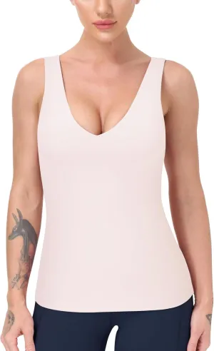 Workout Tops for Women Yoga Tank Tops with Built in Bra Wirefree Padded Yoga Bras Gym Running Athletic Shirt V-Neck Camisole