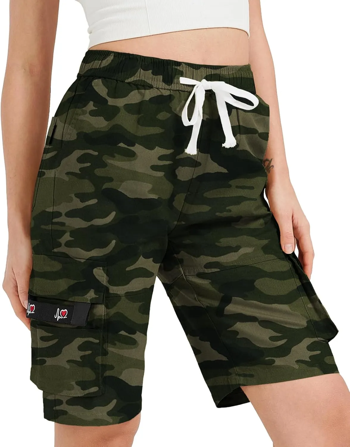 XinYangNi Women's Casual Cargo Shorts with Pockets Elastic High Waist Drawstring Bermuda Shorts for Women