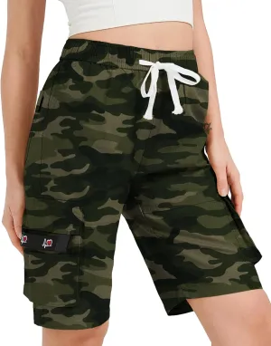 XinYangNi Women's Casual Cargo Shorts with Pockets Elastic High Waist Drawstring Bermuda Shorts for Women