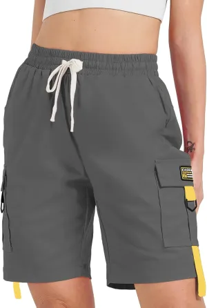 XinYangNi Women's Casual Cargo Shorts with Pockets Elastic High Waist Drawstring Bermuda Shorts for Women