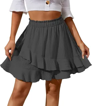 XOWRTE Women's Shirred Elastic High Waist Tiered Layer Ruffle Hem A Line Mini Skirt Flowy Flared Short Skirts Asymmetrical