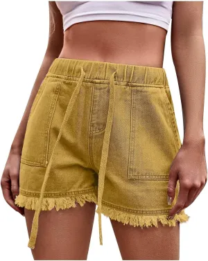 XUNRYAN Shorts for Women Trendy Denim Jean Cargo Shorts High Waist Drawstring Casual Lightweight Fashion Shorts Pockets