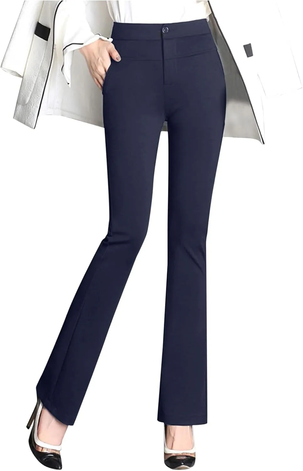 YOLAI Women Stretchy Work Business Pants Casual Straight Leg Trousers High Waist Casual Micro Flare Pants