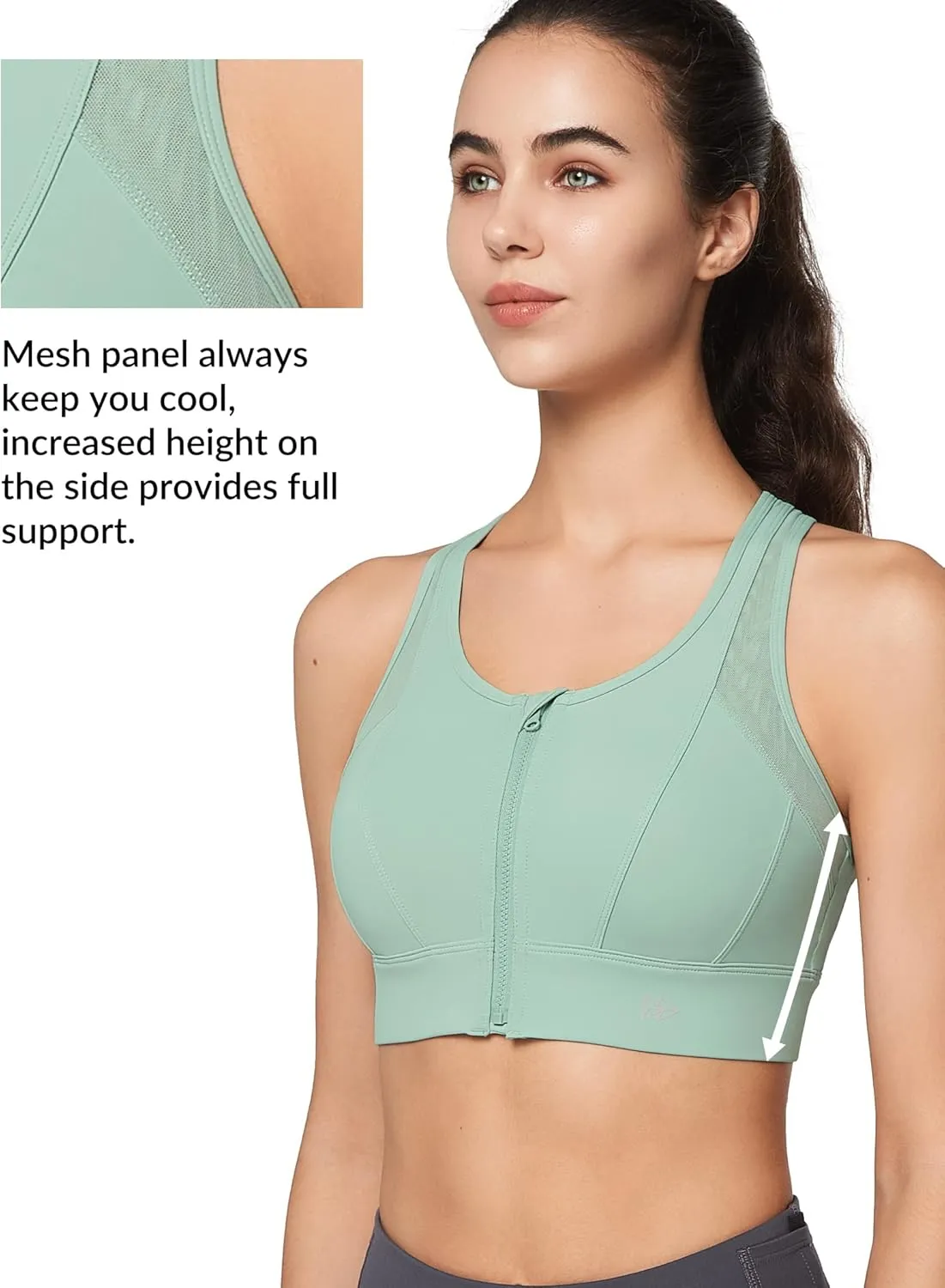 Yvette High Impact Zip Front Sports Bra Mesh Racerback Workout High Support Sports Bras for Women Large Breasts