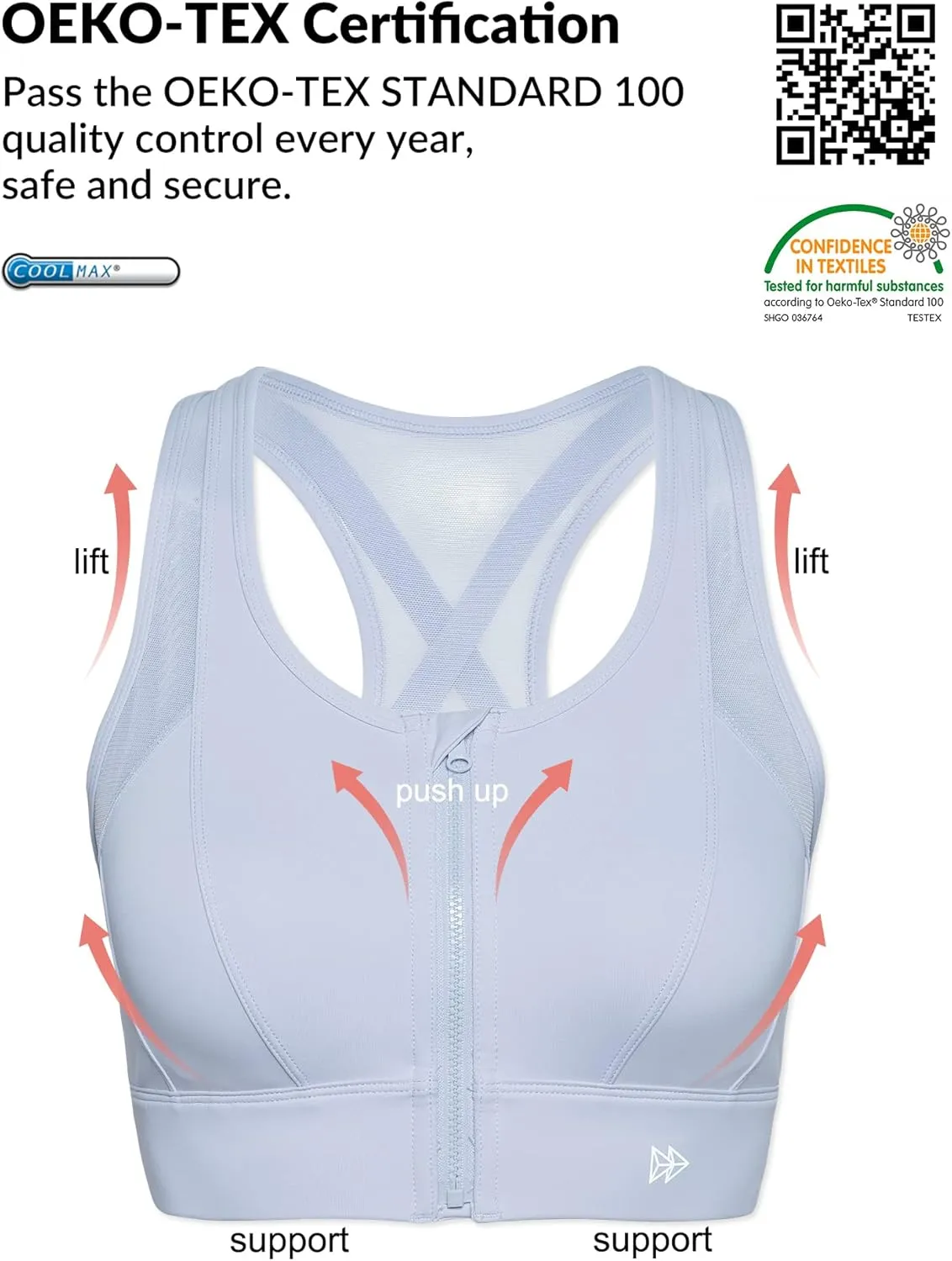 Yvette High Impact Zip Front Sports Bra Mesh Racerback Workout High Support Sports Bras for Women Large Breasts