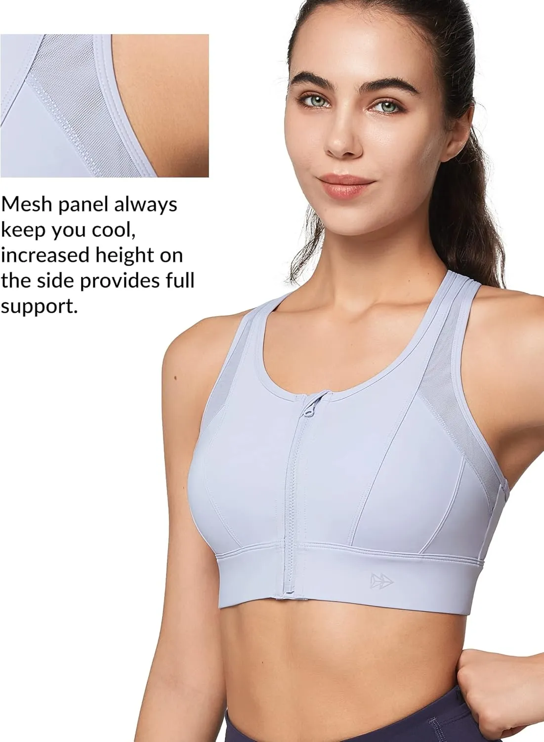 Yvette High Impact Zip Front Sports Bra Mesh Racerback Workout High Support Sports Bras for Women Large Breasts