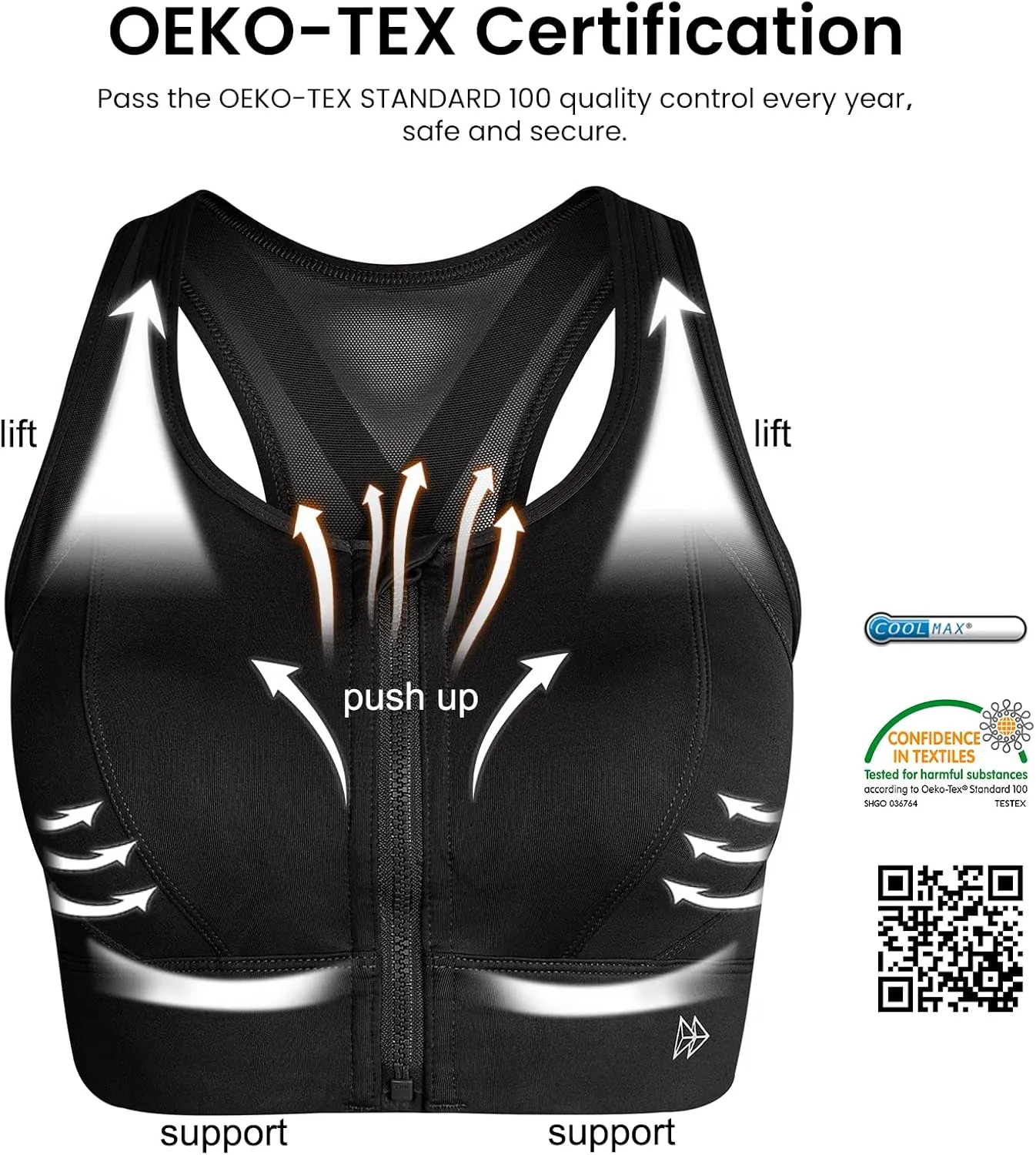 Yvette High Impact Zip Front Sports Bra Mesh Racerback Workout High Support Sports Bras for Women Large Breasts