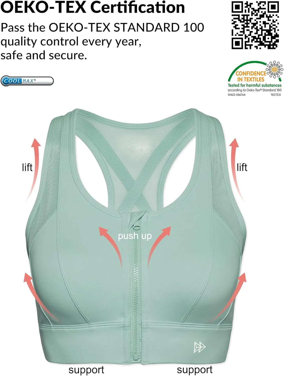 Yvette High Impact Zip Front Sports Bra Mesh Racerback Workout High Support Sports Bras for Women Large Breasts