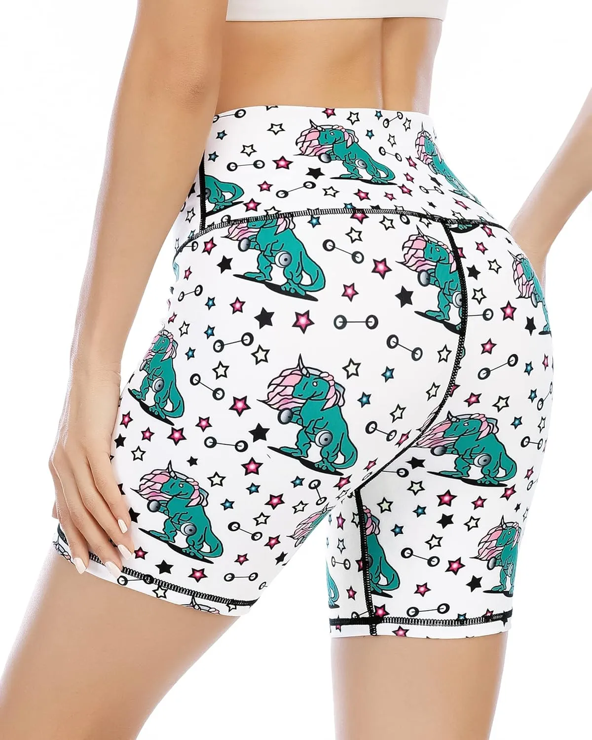 ZLLW Women's High Waist Cute Print Workout Yoga Shorts, 5 inch Squat Proof Biker Shorts Stretch Athletic Running Shorts