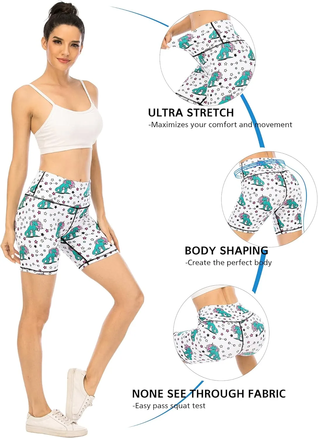 ZLLW Women's High Waist Cute Print Workout Yoga Shorts, 5 inch Squat Proof Biker Shorts Stretch Athletic Running Shorts