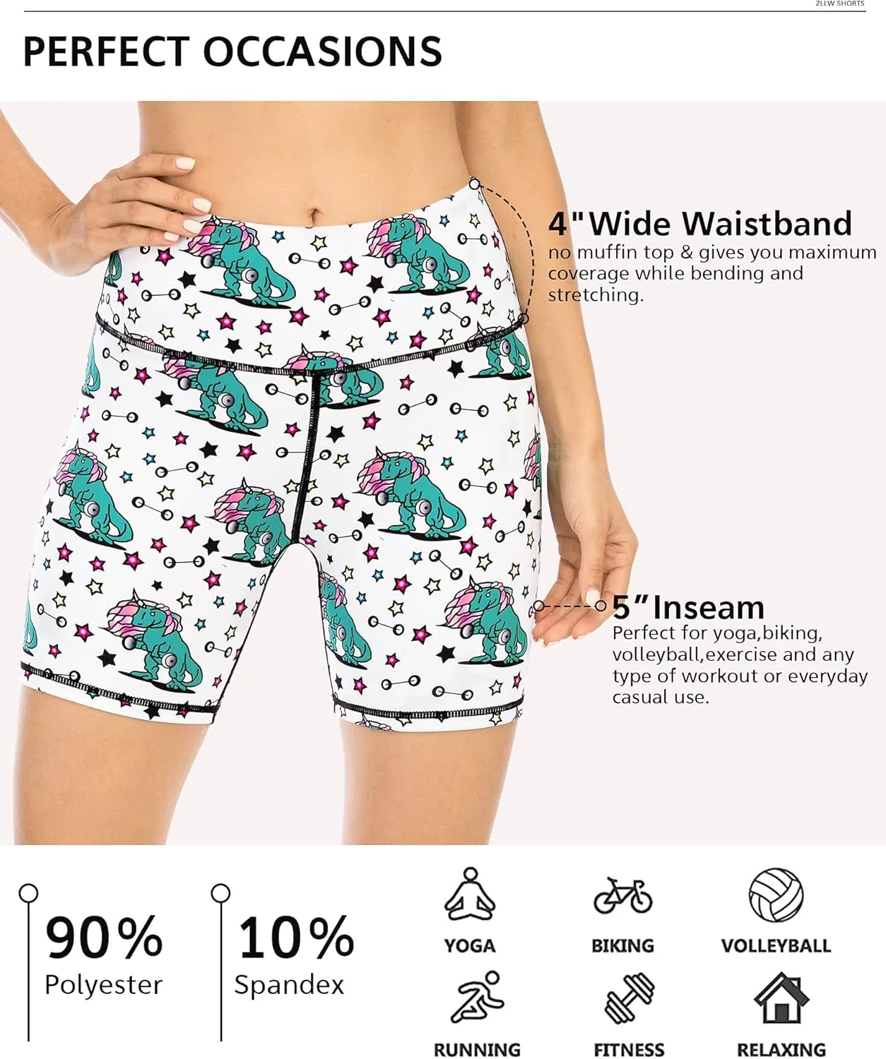 ZLLW Women's High Waist Cute Print Workout Yoga Shorts, 5 inch Squat Proof Biker Shorts Stretch Athletic Running Shorts